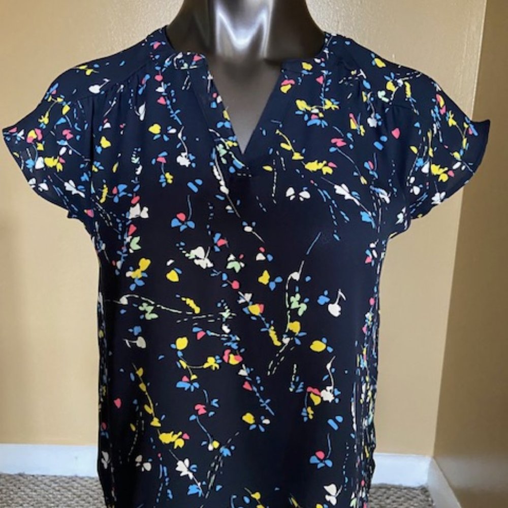 Banana Republic Bell Sleeve Top Blouse Petite XXS Blue Floral